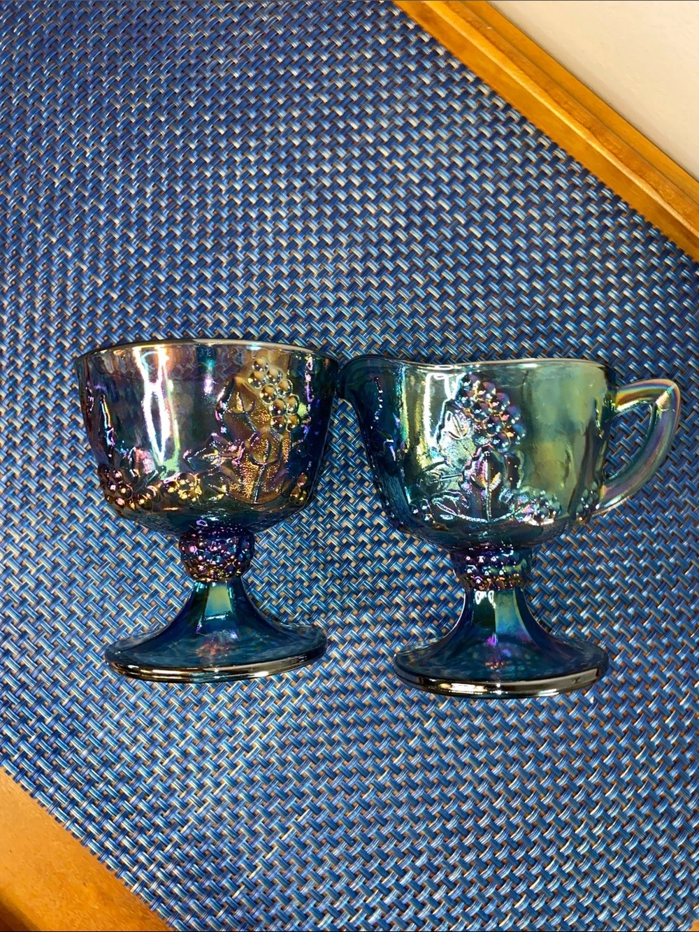 Vintage Indiana Glass Blue Carnival Glass Cream and Sugar Set Harvest Grape